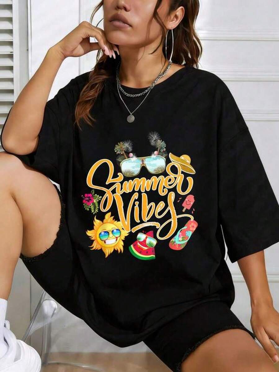 Women's Short Sleeve T-Shirt With Round Neck And Print, Summer Vibes Sunglasses, Watermelon Flip Flops, S-3XL, Fashionable, Comfortable And Breathable, Machine Washable - 黑色 - 查看 1