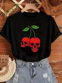 Nueva camiseta de cuello redondo y manga corta para mujeres con patrón de cabeza de esqueleto de Halloween suelto y blusa casual para mujeres - Negro - Ver 2