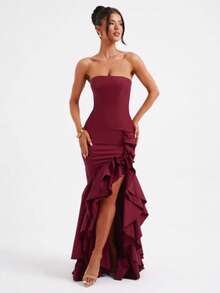 Sleeveless Knit Maxi Dress With Ruffles, Elegant And Sensual Bustier Spring Summer Fashion - Burgundy - View 5