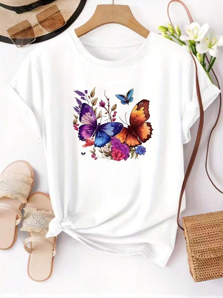 Short-Sleeved T-Shirt With Colorful Butterfly Print, Casual Round Neck Top For Women, Suitable For Daily Wear In Spring/Summer. - White - View 1