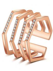 Geometric Multi-Layer Open Ring, Sparkling Zirconia Rose Gold Band, Adjustable Stackable Statement Jewelry For Daily & Occasions - Multicolor - View 10