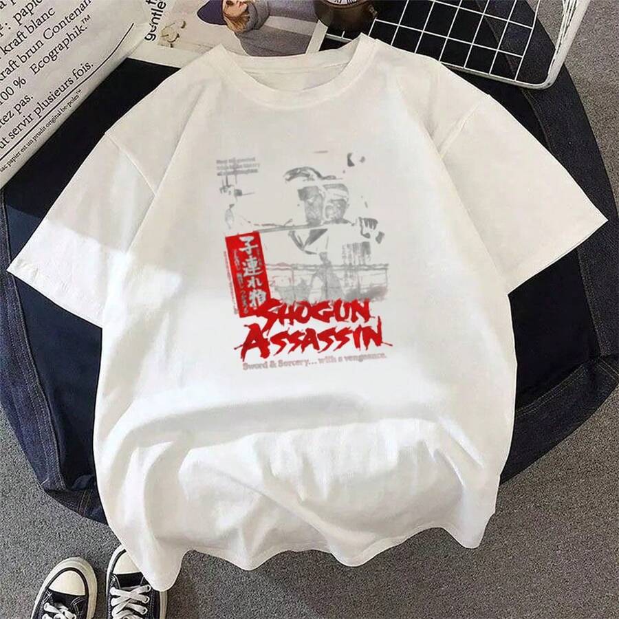 Unisex Short-Sleeved T-Shirt With Graphic Anime Print And Cartoon Of Shogun, Lone Wolf And Cub, Casual Summer Style. - White - View 1