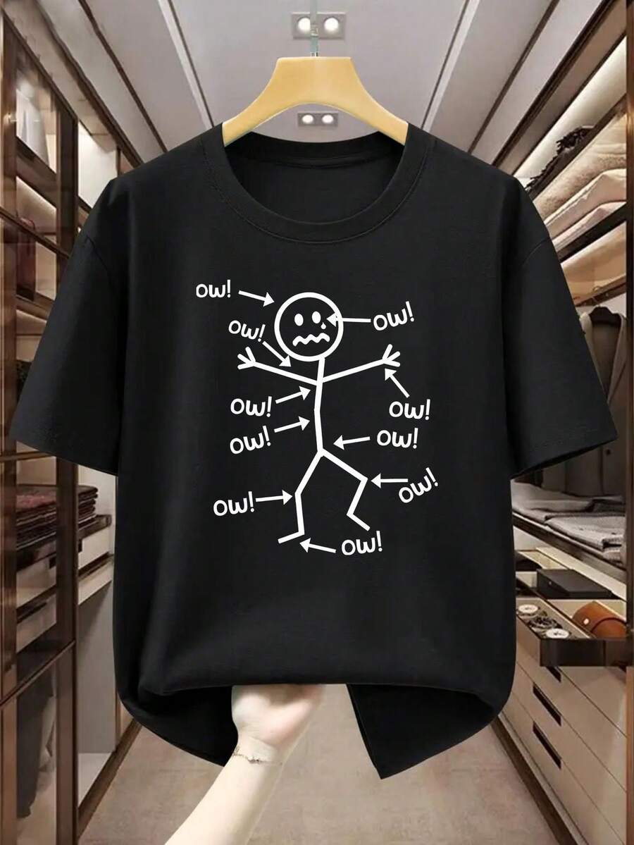 Comfortable Short-Sleeved T-Shirt For Summer With A Round Neck And A Cartoon Character Suffering With The Phrase 'Ouch!' Made For Plus-Size Men, This Casual And Fashionable Short-Sleeved T-Shirt With A Round Neck Is Suitable For All Seasons. - 黑色 - 查看 1