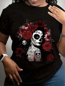 1 Piece Women's T-Shirt With Sugar Skull And Red Roses - Mexican Artistic Day Of The Dead Design, Halloween Costume T-Shirt, Soft Gothic Floral Graphic T-Shirt - 黑色 - 查看 7