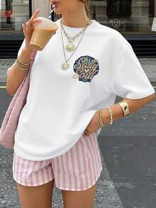 [Double-Sided Print] Women's Spring And Summer Clothing, Women's Tops, Vintage Style, Shell And Heart Design, Salty Style, Versatile, Short Sleeve, Off-The-Shoulder, Pure Cotton Oversized T-Shirt [Quan K] - 白色 - 查看 3