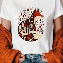 Women's Plus Size Breathable T-Shirt With Artistic Forest Leaf And Fox Print, Short Sleeve, Round Neck, Casual Style For Summer And Spring, Women's Clothing, Printed Short Sleeve Round Neck T-Shirt For Daily Wear And Travel, Women's Cotton T-Shirts, Premium Women's. - 白色 - 查看 1
