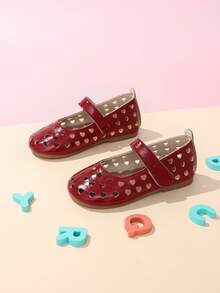 1 Par de Sandálias Planas de Verão Infantis, Sapatos de Couro Casuais Vintage Vermelho com Laço e Fivela em Formato de Coração Vazado, Fofo e Versátil, Adequado para Looks, Férias, Dama de Honra, Passeio no Parque - Vinho - Visão 2