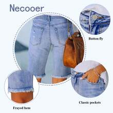 Necooer Women Jean Shorts Ripped Casual Summer Mid Waist Stretchy Five Points Denim Jean Shorts - Xanh nhạt-2 - Xem 5