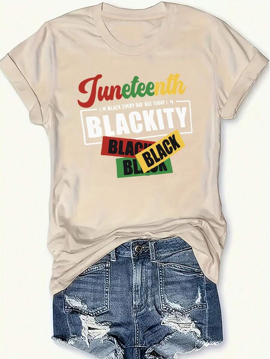1 pieza de camiseta de mujer para la celebración de Juneteenth, 100% fibra de poliéster, cuello redondo, manga corta, patrón geométrico, corte casual regular, top de tela de punto para todas las estaciones, 180 gramos - estampado negro. - Albaricoque - Ver 1