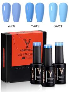 YOKEFELLOW 3pcs Blue Gel Nail Polish, Summer Blue/Royal Blue/Sky Blue Nail Holiday Nail Highly Pigmented Semi-Permanent Gel Nail Polish Soakable UV Light Cured Suitable For Nail Salon DIY Women Girls - Multicolor - View 10
