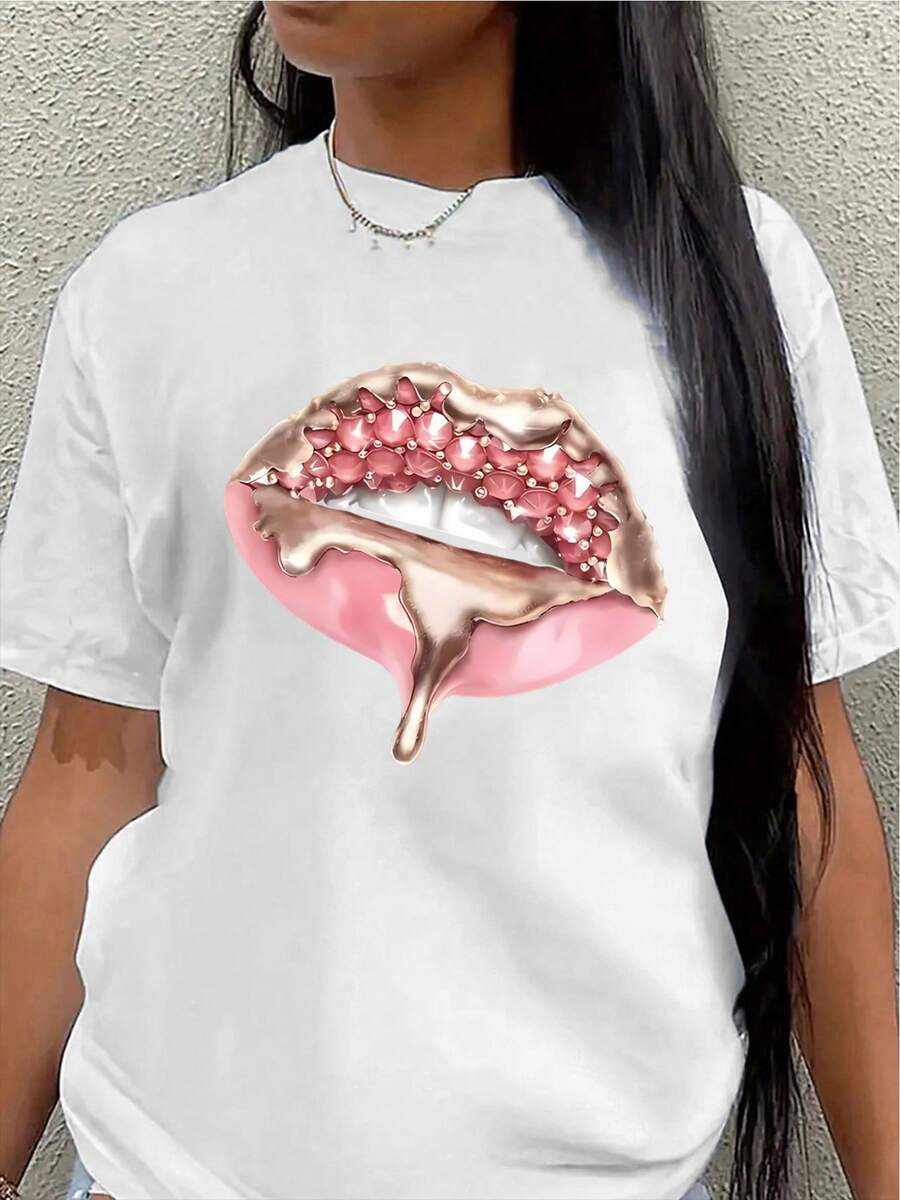 Women's Short-Sleeved Polyester T-Shirt With An Artistic Lip Print Design. Lightweight And Durable, Suitable For Casual Wear At Home Or In Restaurants, With A Soft And Comfortable Fabric. - 白色 - 查看 1