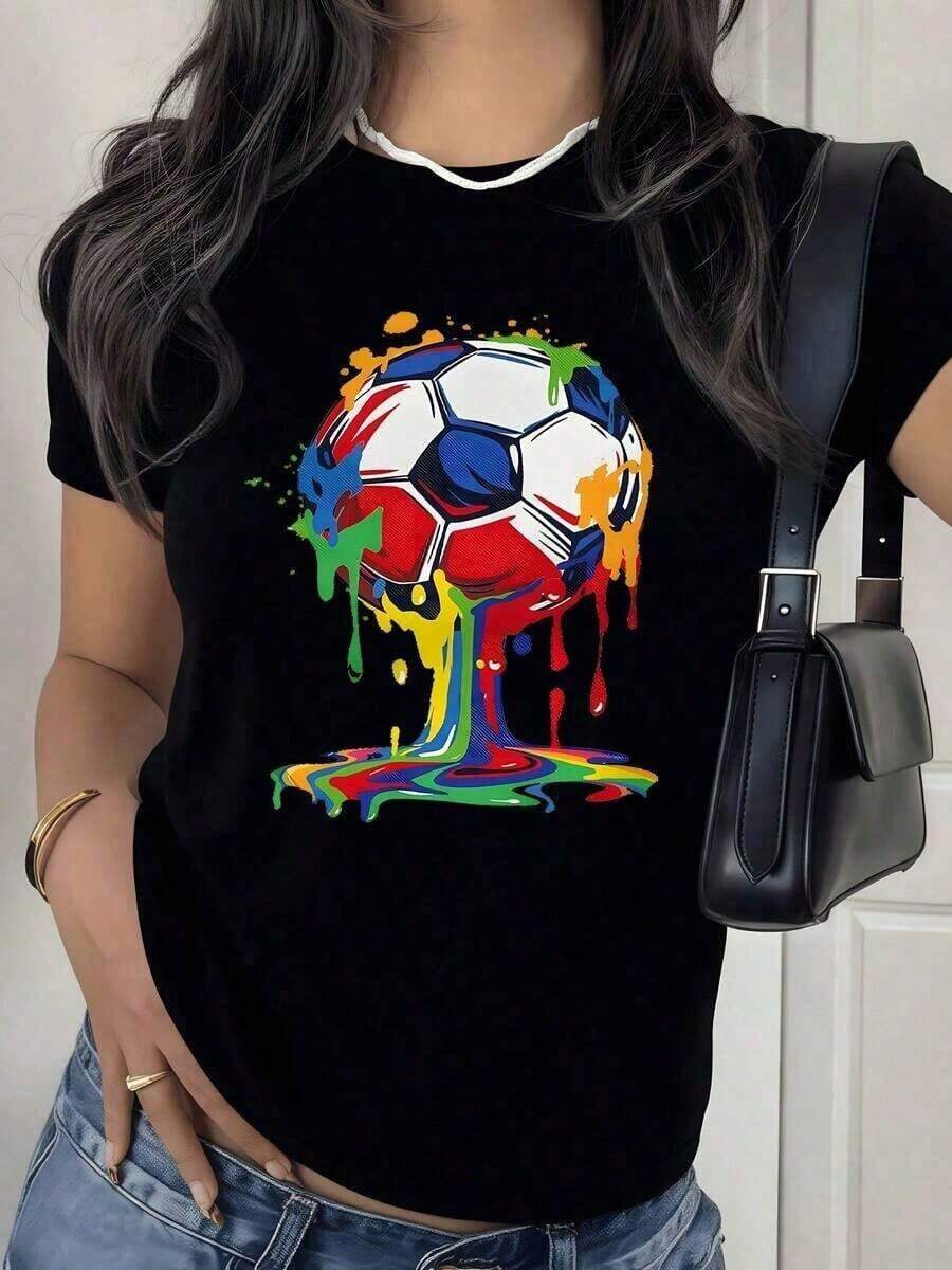Women's Short Sleeve T-Shirt With Soccer Ball Print, Soft And Breathable Fabric, Fashionable Casual Sportswear, Drip Paint Effect Soccer Ball Graphic, Slim Fit For All Sizes, Perfect For Soccer Matches, Outings With Friends, Daily Activities And Gifts For Sports Fans, Vibrant Design That Will Never Go Out Of Style - 黑色 - 查看 1
