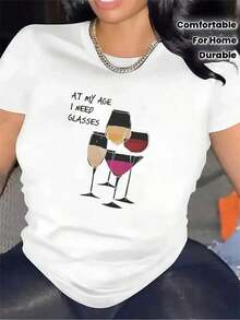 Modern And Minimalist Summer Clothes For Women, Short Sleeve T-Shirt For Women On  | Fiber, Funny Wine Glass Print "At My Age I Need Glasses", Casual Clothes For Home, Restaurant, Lightweight And Stylish, Medium Weight Fabric, Mature Style, Protective Phone Case With Graphic Design, Casual For Everyday Wear - 白色 - 查看 7