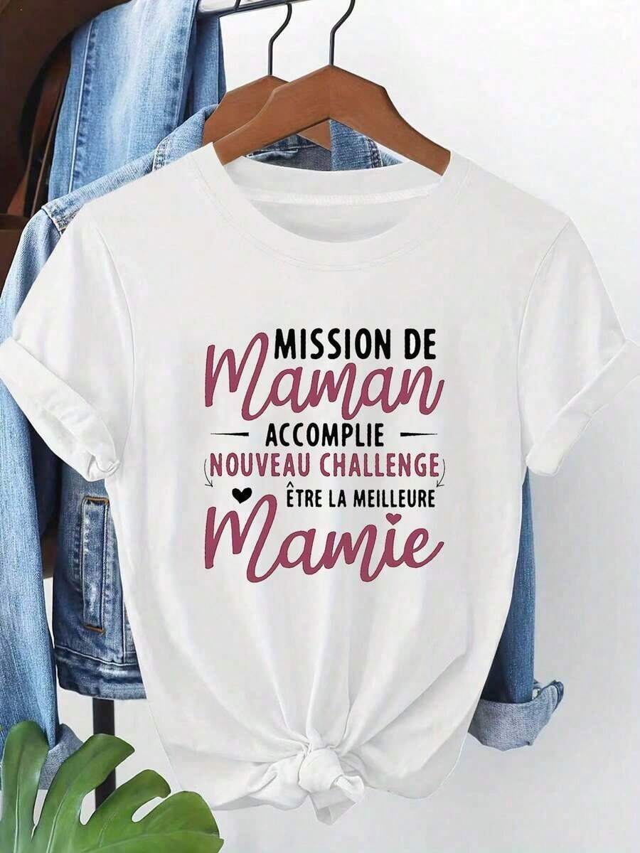 Camiseta estampada para mujer New Role Challenge: Estampado con texto en francés "MISSION DE Maman ACCOMPLIE NOUVEAU CHALLENGE ÊTRE LA MEILLEURE Mamie" Talla grande, cuello redondo, primavera/verano, camiseta agradable al tacto para el verano. - Blanco - Ver 1