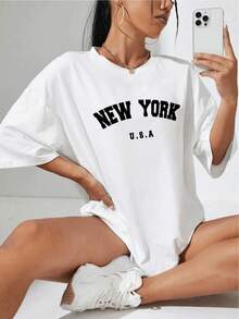 Nueva Camiseta de Moda para Mujer con Cuello Redondo y Estampado de Letras de Nueva York, Camiseta de Manga Corta para Mujer, Ropa Casual de Primavera y Verano, Blusa Moderna y Elegante, Diseño Versátil Listo para el Verano. - Blanco - Ver 1