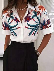 Camisa de mujer de manga corta con tela tejida de color blanco, con estampado bordado floral, estilo retro cheongsam, camisa de verano estampada, blusa de verano - Multicolor - Ver 4