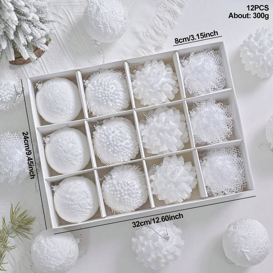 12pcs White Christmas Balls, 3.15 Inch Each, With Various Textures And Shapes, Essential For Holiday Decoration, Perfect For Christmas Tree, Holiday Party And Creating A Charming Atmosphere - 12pcs - View 1