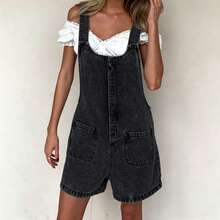 Denim Overalls Mini Dress For Women High Stretchy Adjustable Strap Jean Short Dress With Pockets, Solid Color/Camouflage/4th Of July USA Flag Print Sleeveless Suspender Dress - FZ13-Black - 查看 2