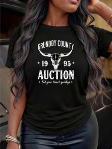 Under The RadarRound Neck Personalized And Interesting Print Grundy County 1995 Auction Bid Your Heart Goodbye Cow Skull T-Shirt Women's Black Graphic Tee Suitable For Gifts-Vintage Street Style Unisex Loose Cotton Short Sleeve Crew Neck T-Shirt - 黑色 - 查看 6