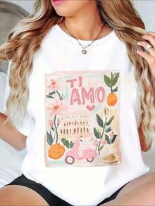 Camiseta Oversize para Mujer Ti Amo Rome Colosseum Vespa con Estampado Gráfico de Temática Italiana, Ropa Casual de Verano, Atuendo para Vacaciones, Idea de Regalo, 220g, Camiseta Gráfica Ajustada Y2K. camisetas de mujer algodón - Estilo - Ver 8
