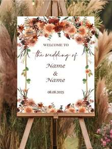 Customized Wedding Welcome Sign - Personalized Groom And Bride Names And Wedding Date Decoration - Indoor Wedding Party, Wedding Reception, Engagement Party Decoration With Floral Border - Autumn And Fall Theme - Warm Earthy And Gold Tones - Multicolor - View 2