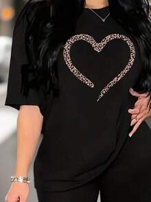 Camisetas Para Mujer AlgodónCamiseta casual de mujer corazón estampado leopardo diseño moderno suelto estilo juvenil para salir o para el día a día disponible en talla S, M, L color negro moda femenina moda urbana camiseta popular mundial 2026 - Negro - Ver 6
