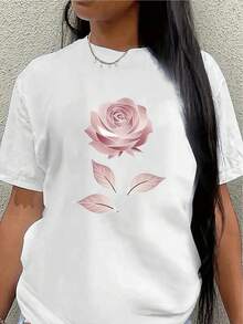 This Lightweight And Durable Short-Sleeved T-Shirt With A Pink Rose Design Is Perfect For Casual Wear At Home, Work, Or Outdoor Activities. Made From Soft Fabric, It Offers All-Day Comfort. - 白色 - 查看 1