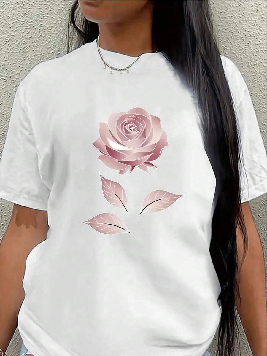 This Lightweight And Durable Short-Sleeved T-Shirt With A Pink Rose Design Is Perfect For Casual Wear At Home, Work, Or Outdoor Activities. Made From Soft Fabric, It Offers All-Day Comfort. - 白色 - 查看 1