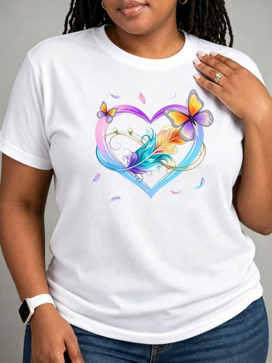 Women's Casual Sports T-Shirt With Colorful Heart Design - Elastic Round Neck T-Shirt, Machine Washable, For All Seasons, Comfortable And Stylish Garment To Match With Blue Jeans. - 白色 - 查看 1