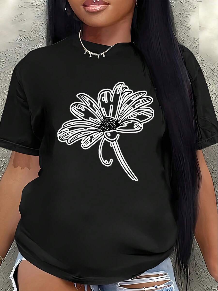 This Lightweight And Durable Short-Sleeved T-Shirt With A Floral Design Is Perfect For Lounging At Home Or Casual Outings, Offering A Comfortable Everyday Wear Experience. - 黑色 - 查看 1