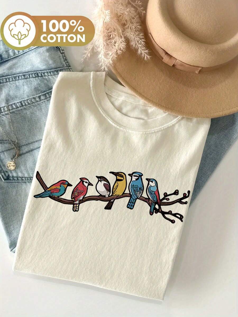 Graphic Print T-Shirt, Short Sleeves, Round Neck, Casual Top For Summer And Spring, Women's Clothing, Women's Winter Clothing - 杏色 - 查看 1