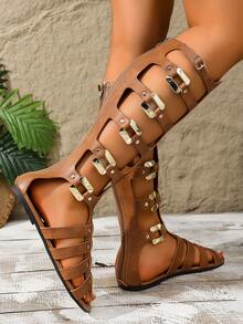1 par de sandalias elegantes de dama con cremallera de cuero PU estilo bohemio, adecuadas para el hogar, vacaciones y uso al aire libre en verano - Marrón - Ver 8