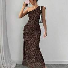 Vestido elegante sin mangas con estampado de leopardo y abertura alta en malla para mujeres - Cafetería - Ver 4