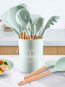 Wooden Handle Silicone Kitchen Utensils 12-Piece Set: Non-Stick Pan Spatula And Spoon, Complete Household Kitchen And Baking Tool Set With Storage Bucket. The Set Includes A Spatula, Ladle, Slotted Spoon, Scraper, Oil Brush, Whisk, Food Tongs, And Other Practical Tools. Comes With A Matching Storage Bucket, Making It Suitable For All Cooking Scenarios Including Frying, Stir-Frying, Braising, Deep-Frying, And Baking. - Red - View 8