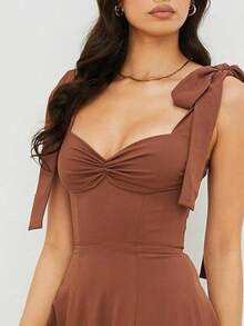 Vestido largo de gasa estilo francés para vacaciones talla plus, tirantes, espalda descubierta, diseño sensual moda euroamericana - Marrón - Ver 2