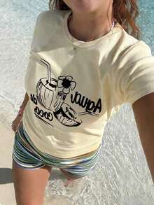 1 Piece Of Short-Sleeved, Round-Neck Polyester T-Shirt With A Tropical Coconut Drink Print, For Men And Women, Ideal For Casual Beach Wear During The Summer. Versatile, Easy To Match, Suitable For Daily Wear, Urban Style, Vacation Outfits, And Weekend Outfits. - 杏 - 查看 2