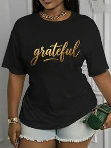 Camiseta Estampada para Mujer - Camiseta Casual Negra de Manga Corta y Cuello Redondo con Inscripción Grateful en Dorado Cursivo. Con un Corte Relajado para Todas las Estaciones, la Elección Perfecta Tanto para el Uso Diario como para tus Atuendos de Vacaciones (Lavable aáquina). - Negro - Ver 6