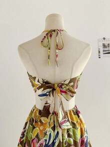 Vestido de verano informal de unicolor con cuello de halter y espalda descubierta - Gris - Ver 5