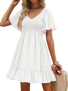 Holidaya Vestido blanco con cuello en V, mangas con pétalos, cintura fruncida y bajo con volantes, estilo romántico adecuado para citas y uso diario, favorecedor - Negro - Ver 3