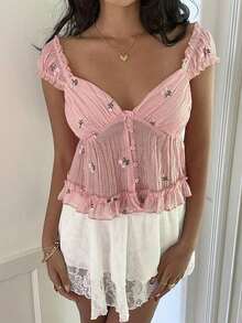 Women's Pink Blouse With Short Sleeves, Open Neck, Embroidery, Ruffles And Versatile Design For Casual, Vacation And Everyday Wear, Made Of Chiffon, For Spring/Summer - 黑色 - 查看 5