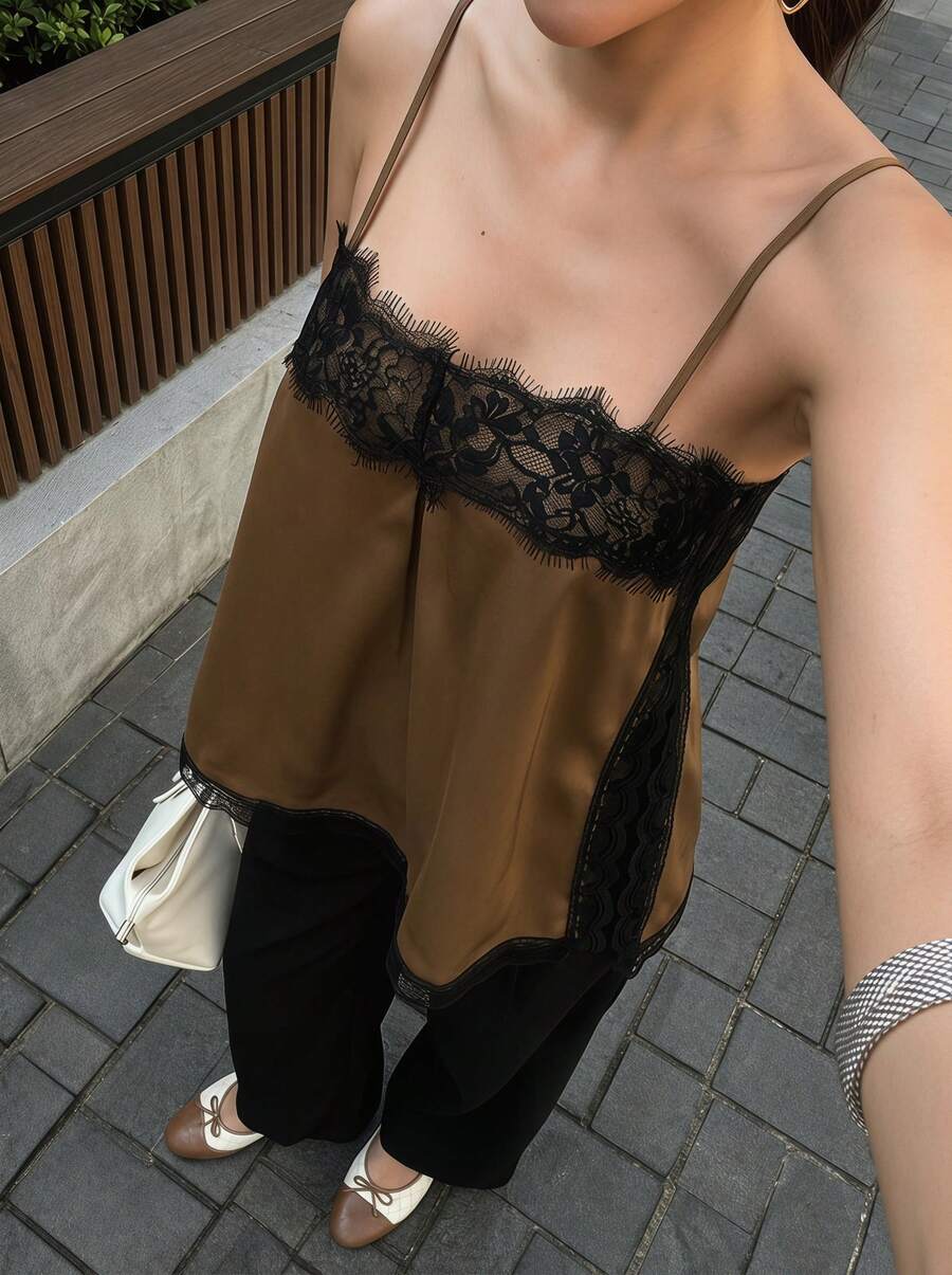 Women's Satin Lace Trim Camisole - Charming Side Slit Khaki Summer Camisole - Khaki - View 1