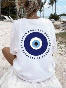 Camiseta de manga corta con cuello redondo de talla grande para mujer, con estampado de ojos, de longitud y manga regulares, de estilo veraniego elegante y casual en color blanco,Playera Gráfica Casual para Mujer con Estampado |   Verano 2026 - Blanco - Ver 3