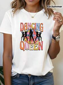 [Limited Edition For Festivities] Women's Short-Sleeved T-Shirt With "" Text Print For Music Festivals, Round Neck, Spring-Summer, Ideal For Casual Walks, Festive Gifts, Meetings With Friends, Music Parties And Holiday Outfits. - 白色 - 查看 3