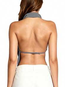 Womens Halter Tank Tops Summer Fashion Solid Color Mock Neck Backless Going Out Vest - 灰 - 查看 10