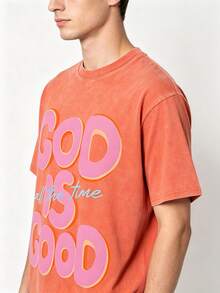 Men's God Is Good Distressed Graphic Tee, Oversized Crew Neck Short Sleeve Vintage Wash T-Shirt, Unisex Boyfriend Fit - 珊瑚橙 - 查看 2