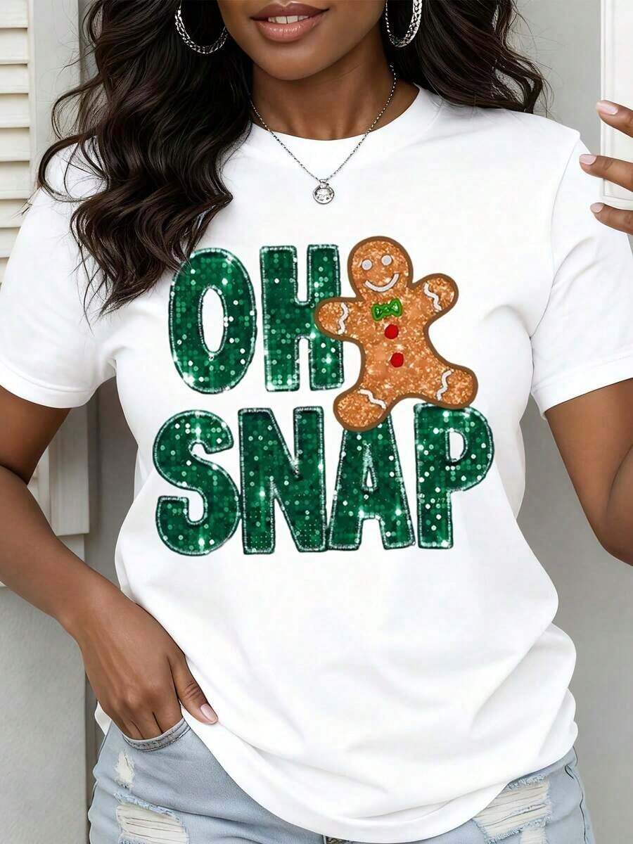 Women's Christmas Themed Crew Neck T-Shirt, Gingerbread Man Print, Casual Holiday Outfit - 白色 - 查看 1