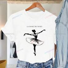 Super 2026 T-Shirt: Women's Short Sleeve Cotton T-Shirt, Retro Harajuku Style, Ballet Dancer Print, Casual T-Shirts, 2026 Hit. - 白色 - 查看 5