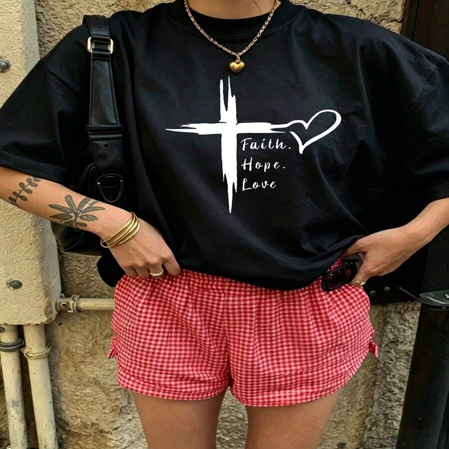 Heartfelt Daily Casual Graphic T-Shirt 100% Cotton Oversized Soft Breathable Casual Crewneck Short Sleeve Top Aesthetic Daily Cute Minimalist Vintage Retro Vibe Basic Casual Wearers Fashion Lovers Daily Outfit Enthusiasts Gift Givers - 黑色 - 查看 1