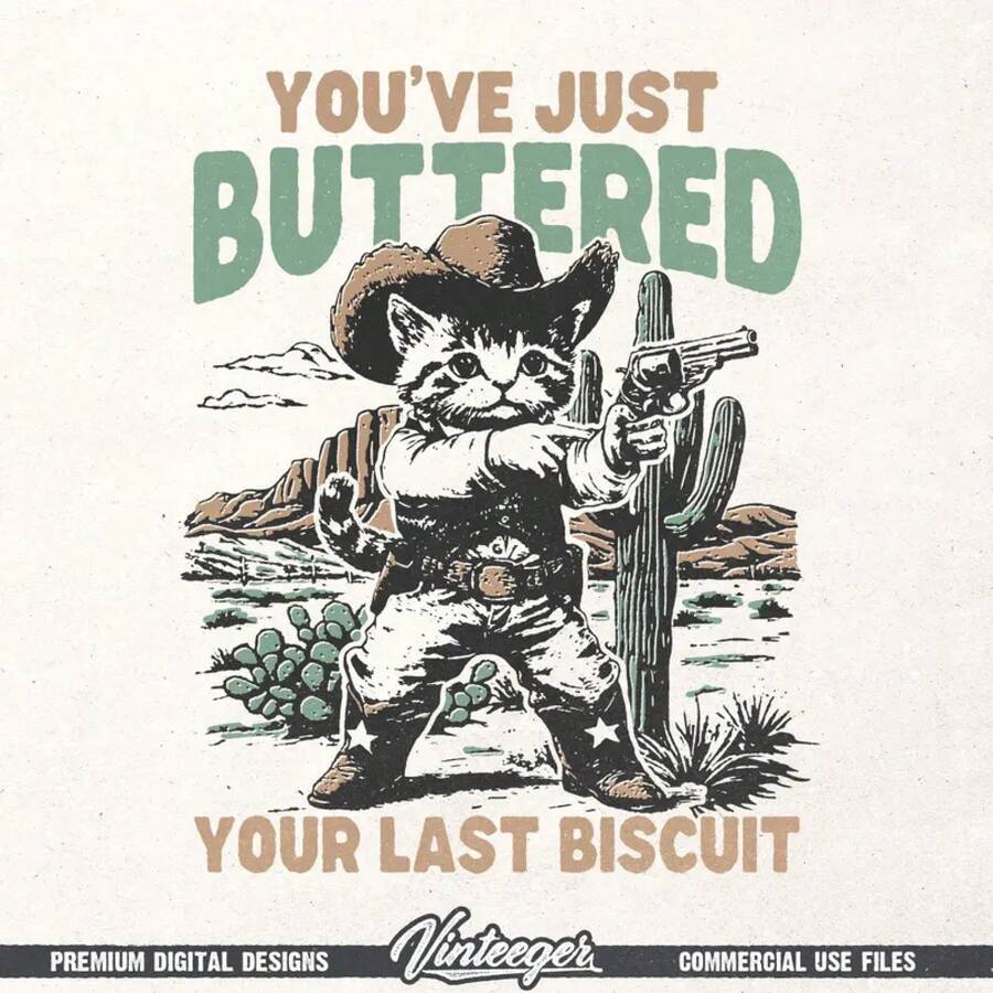 Fun Western-Style Design - Retro Cowboy Graphic For Sublimation And DTG Printing - Funny Cat T-Shirt Design - Countryside Phrase - White - View 1