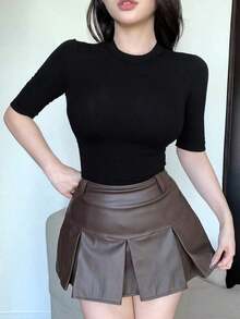 Camiseta casual de mujer con cuello alto, manga corta, ajustada, con cierre cruzado delantero, sólida y sexy.Versátil para usar en verano, estilo preppy. - Negro 5 - Ver 8